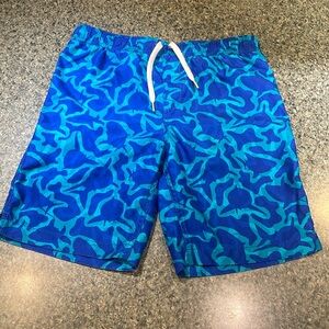 Lands End Boys swim trunks Medium 10-12 Husky elastic waist drawstring blues